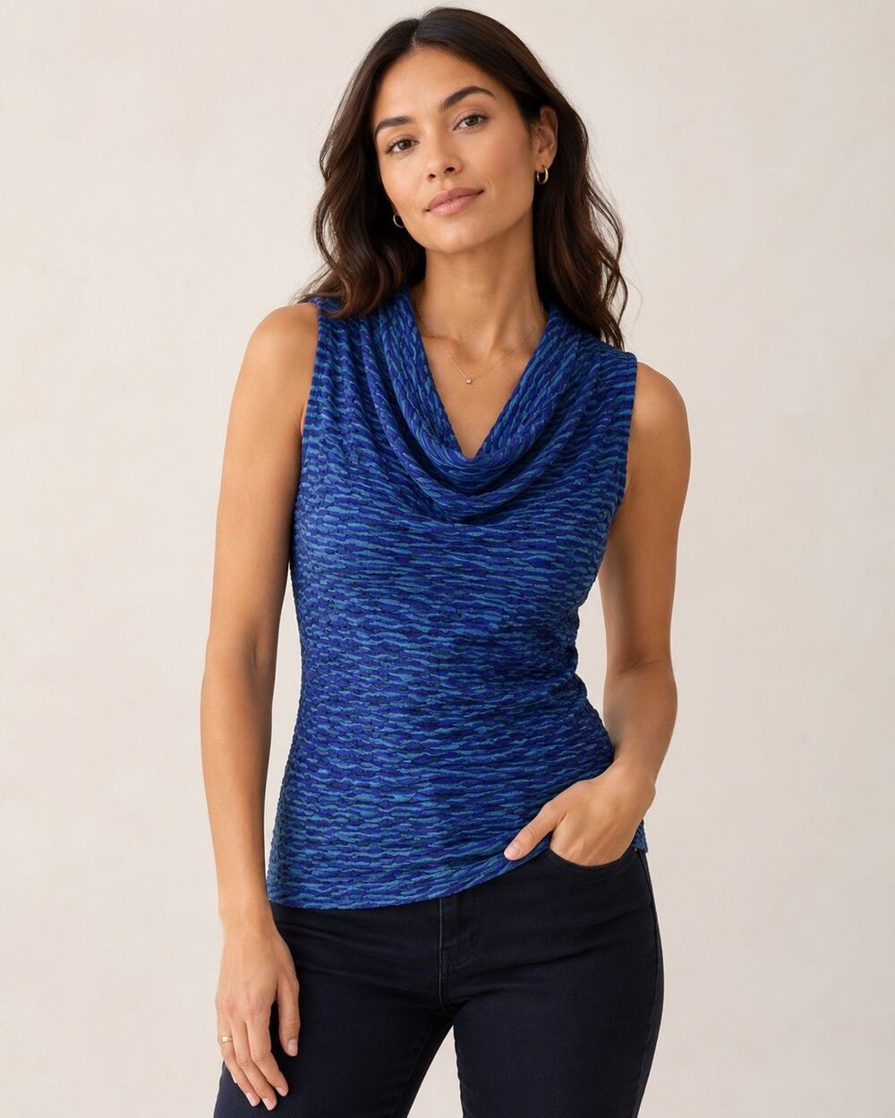 Anthropologie Deletta Green Blue Textured Cowl Neck Sleeveless Top Medium